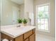 Bright bathroom featuring a large window and a single vanity with a mirror at 1010 Starita Ct, Apex, NC 27502