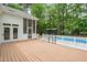 Inviting backyard with a wood deck, screened porch, and swimming pool with privacy fence at 12301 Hardee Rd, Raleigh, NC 27614