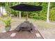 Backyard area featuring a wooden picnic table with an umbrella and lush landscaping at 176 Lowery Ln, Benson, NC 27504