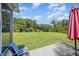 Beautiful backyard features a lush lawn, a patio with outdoor seating, and mature trees at 1828 Wellspring Ct, Graham, NC 27253