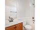 Bathroom with a single sink vanity, toilet and shower/tub combo at 2507 Belvinwood Dr, Fuquay Varina, NC 27526