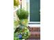 Close up of the front door with potted plants on the porch steps at 3137 Falling Cedars Dr, Chapel Hill, NC 27516