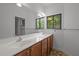 Bathroom with double sinks, wood cabinets, large mirror, and natural light at 4312 Mystic Ln, Hillsborough, NC 27278