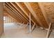 Unfinished attic showing exposed rafters, plywood sheathing, and a small window at 107 Regiment Way, Durham, NC 27705