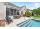 Relaxing patio area featuring a table, chairs, and access to the pristine backyard swimming pool at 107 Regiment Way, Durham, NC 27705