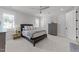 Spacious bedroom featuring plantation shutters, soft carpet, and neutral gray furnishings at 1208 Hunting Ridge Rd, Raleigh, NC 27615