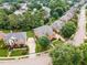 Neighborhood aerial showing a brick home with a circular drive and a manicured lawn at 12140 Pawleys Mill Cir, Raleigh, NC 27614