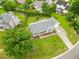 Aerial view of a one story home with a front porch, attached garage, and well-manicured lawn at 124 Roscommon Ln, Clayton, NC 27520