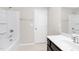 Bright bathroom featuring a shower-tub combo and single vanity with modern fixtures at 133 Explorer Dr # 258, Morrisville, NC 27560