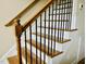 Detailed staircase features stained wood steps, white risers, and black metal balusters at 142 Philips Sq, Chapel Hill, NC 27516