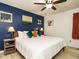 Comfortable bedroom with vibrant blue accent wall, plush bedding, and stylish decor at 1509 Elkpark Dr, Raleigh, NC 27610