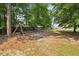 Fenced backyard featuring mature trees and playground at 206 Wynngate Dr, Cameron, NC 28326