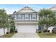 Charming two-story townhome with a two-car garage, gray siding, blue shutters, and a well-manicured lawn at 222 Explorer Dr # 271, Morrisville, NC 27560