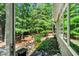 Exterior view from window to lush backyard with mature trees and garden at 289 Stoneview, Pittsboro, NC 27312