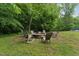 Secluded outdoor fire pit with seating, perfect for gatherings in a wooded setting at 31 River View Ct, Timberlake, NC 27583