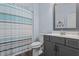 Well-lit bathroom featuring a shower-tub combo, modern vanity and blue accent walls at 337 Brinkley Cir, Mebane, NC 27302
