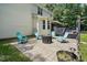 Outdoor patio area with light-blue Adirondack chairs and a fire pit at 353 Spearhead Pl, Clayton, NC 27520