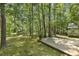 Private backyard featuring a wooden deck with lush, mature trees providing shade at 5704 Cholderton Ct, Raleigh, NC 27604
