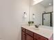 Bathroom with vanity, large mirror, and glass enclosed shower, creating a spa-like retreat at 68 Tanners Way, Clayton, NC 27527