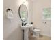 Powder room boasts a pedestal sink and decorative mirror, providing an elegant touch at 68 Tanners Way, Clayton, NC 27527