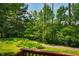 Beautiful backyard featuring lush greenery, mature trees, and a serene walkway at 9 Lake Village Dr, Durham, NC 27713