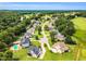 Expansive aerial view of a beautiful neighborhood situated on a golf course with lush lawns and mature trees at 921 Riverwood Dr, Clayton, NC 27527