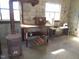 Garage interior featuring a wood-burning stove, a sturdy workbench, and practical storage for tools and supplies at 1700 Warrenton Rd, Henderson, NC 27537