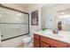 Bathroom with shower/tub, neutral colors and a stylish vanity at 233 Hammond Wood Place, Morrisville, NC 27560