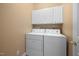 Functional laundry room features modern washer and dryer units with overhead cabinet storage at 3619 Lion Ridge Ct, Raleigh, NC 27612