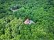 Aerial view of a secluded house nestled in a dense forest, marked by a red pin for location reference at 382 Valley Ln, Pittsboro, NC 27312