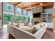 Bright living room with stone fireplace, hardwood floors and large picture windows overlooking nature at 382 Valley Ln, Pittsboro, NC 27312