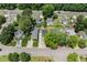 Aerial view of houses featuring mature trees, driveways, backyards, and neighborhood streets at 505 Stratton Way, Durham, NC 27704