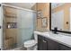 Modern bathroom featuring tiled shower with glass door and stylish vanity at 505 Stratton Way, Durham, NC 27704