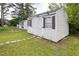 Exterior view of a backyard shed with double doors and windows, set on a well-maintained lawn at 505 Stratton Way, Durham, NC 27704