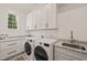 Bright laundry room with white cabinets, granite countertops, and modern washer and dryer at 5308 Montclair Dr, Raleigh, NC 27609