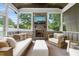Inviting sunroom with stone fireplace, comfortable seating, and scenic outdoor views at 5308 Montclair Dr, Raleigh, NC 27609