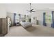 Spacious main bedroom with vaulted ceilings, ceiling fan, and complemented by soothing paint and blue curtains at 9212 Sayornis Ct, Raleigh, NC 27615