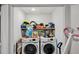 Efficient laundry room with white appliances, open shelving, and ample storage for laundry essentials at 112 S Joyland St, Durham, NC 27703