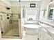 Bright bathroom with soaking tub and glass enclosed shower with tile surround at 121 Chimney Rise Dr, Cary, NC 27511