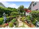 Lush backyard garden with stone pathway, mature plantings, and charming decorative elements at 12221 Orchardgrass Ln, Raleigh, NC 27614