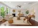 Bright living room featuring stylish décor, a ceiling fan, and a cozy fireplace at 1600 Drift Falls Ln, Wendell, NC 27591