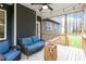 Cozy covered porch with comfortable blue seating and a modern fire pit at 210 Sorrel Dr, Franklinton, NC 27525
