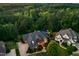 Aerial view of home with a backyard pool, lush surroundings and mature trees at 238 Michelangelo Way, Cary, NC 27518
