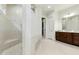 Bathroom with walk-in shower, custom vanity, and neutral color scheme at 238 Michelangelo Way, Cary, NC 27518