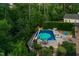 The aerial shot features a well-maintained pool, patio furniture, lush landscaping, and mature trees at 238 Michelangelo Way, Cary, NC 27518
