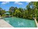 Beautiful outdoor pool surrounded by lush trees and manicured landscaping, creating a private oasis at 238 Michelangelo Way, Cary, NC 27518