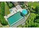 This aerial view showcases the sparkling pool, deck, lounge chairs, and lush landscaping in the backyard at 238 Michelangelo Way, Cary, NC 27518