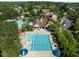 Aerial view of the community pool featuring lap lanes, lounge chairs, umbrellas and lush green surrounding landscape at 282 Granite Mill Blvd, Chapel Hill, NC 27516