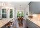Bright kitchen features granite countertops, gray cabinets and adjacent dining area with outdoor access at 3109 Stockdale Dr, Raleigh, NC 27609