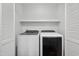 Neat laundry closet with a front-load washer and dryer set and white louvered doors at 3141 Rapid Falls Rd, Cary, NC 27519